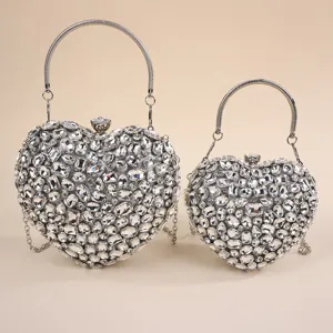 Sparkling crystal heart evening bag luxury rhinestone clutch crossbody shoulder handbag detail