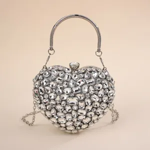 Luxury Heart Shaped Rhinestone Evening Bag Women Glamorous Crystal Clutch Purse Wedding Banquet Handbag Silver
