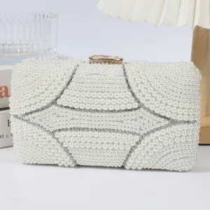 Elegant white pearl clutch bag with sparkling rhinestones for evening party and wedding.