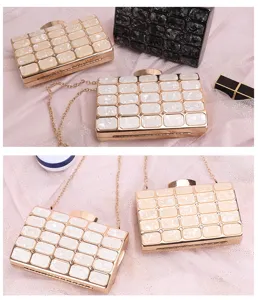Elegant acrylic evening clutch bag for women, stylish square pattern party handbag with chain.
