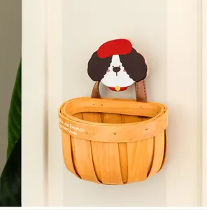 Holzwandbehang Aufbewahrungskorb mit süßem Welpen-Design, lochfreier Haken-Organizer fürs Zuhause.