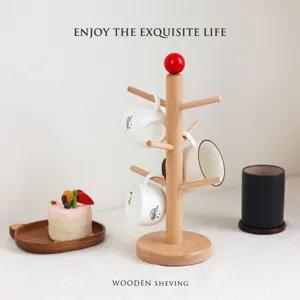 Natürlicher Buchenholz Tassenbaum Halter Minimalistischer Ast Kaffeetassenständer Mit Farbiger Kugel-Endstück Aufbewahrung
