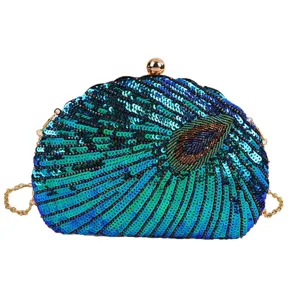 Peacock sequin evening bag luxury handmade bead clutch metallic chain purse elegant
