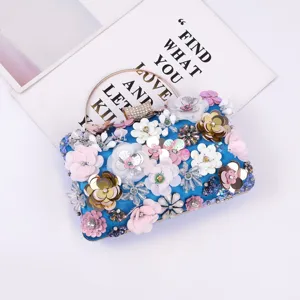 Blue 3D Sequin Floral Evening Clutch Bag Elegant Metallic Handle Party Handbag