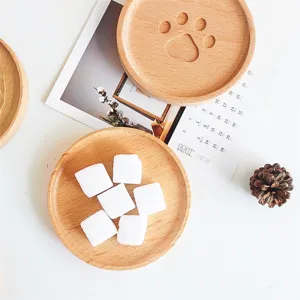 Japanischer massivholz untersetzer runde holz tasse matte niedliche pfotenabdruck becher halter