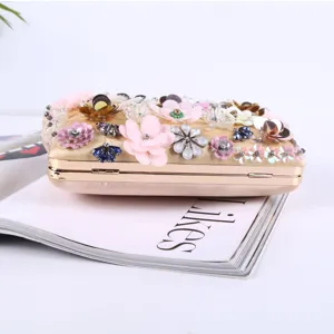 Gold sequin flower evening clutch bag, elegant beaded hard case wedding party purse for women.