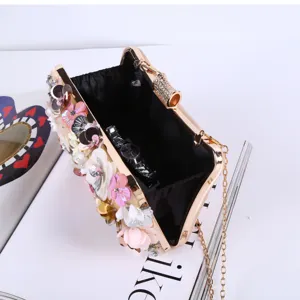 Elegant 3D colorful sequin flower evening clutch bag with chain strap for party.