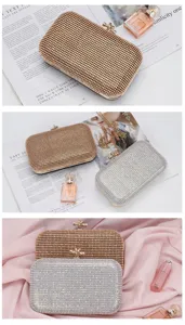 Exquisite rhinestone evening clutch bag with metal knot closure and detachable chain strap.