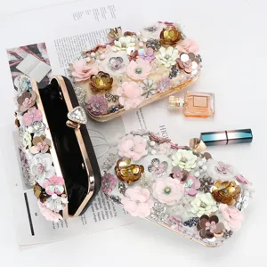 Women Fashion Evening Bag Hand Embroidered Floral Beaded Clutch Metal Frame Lock Wedding Banquet Handbag