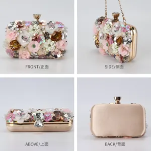 Exquisite beaded floral evening clutch bag with gold metal frame and chain strap for party.