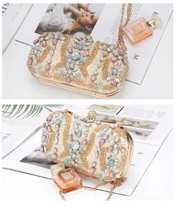 Crystal beaded evening clutch bag, elegant metallic chain shoulder bag for women luxury party.