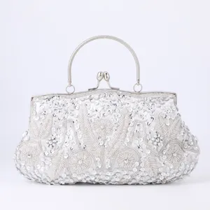 Vintage Silver Beaded Evening Bag Sequined Clutch Metal Top Handle Bridal Handbag