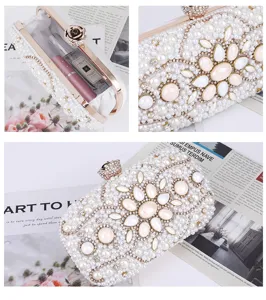Exquisite white pearl beaded evening clutch bag, elegant rhinestone floral clasp detail.