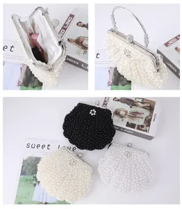 Detailed view of pearl beaded shell evening clutch, handmade elegant party bag interior.