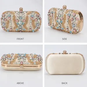 Elegant beaded evening clutch bag with colorful rhinestones and metallic frame for women.