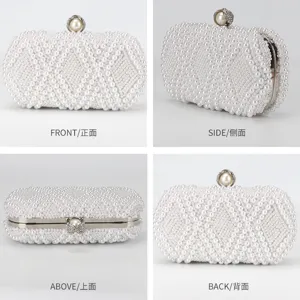 Elegant white pearl evening clutch bag for women, handmade beaded wedding party handbag.
