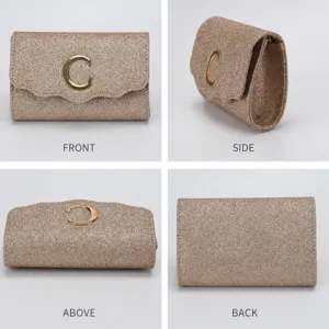 Glitter evening clutch bag with gold C hardware, sparkly party shoulder bag for women.