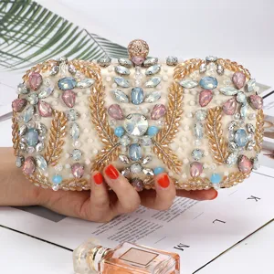 European style colorful rhinestone evening bag, handmade beaded clutch handbag for women parties.