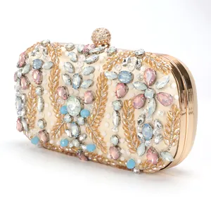 European style colored rhinestone evening clutch bag with handmade beads and metallic frame.