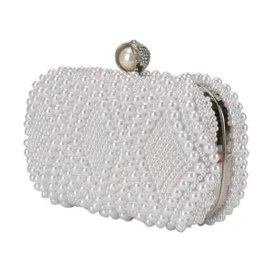 Elegant white pearl evening clutch bag, handmade beaded wedding bridal purse handbag.