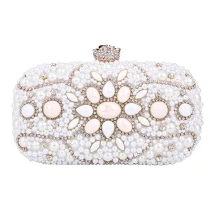 Elegant pearl rhinestone evening clutch bag with crown clasp, luxury bridal wedding purse.