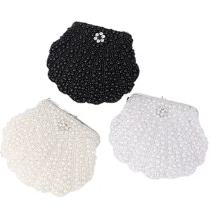 Elegant pearl shell clutch bag for women, handmade evening bag with rhinestone flower decoration.