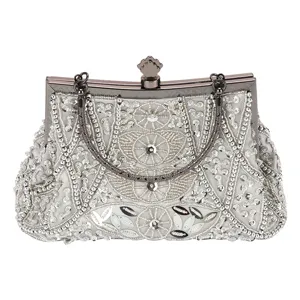 Borsa da sera vintage con perline argentate per donna elegante borsa rigida con manico
