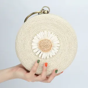 Women Straw Woven Crossbody Bag Handmade Round Beach Shoulder Bag Cute Daisy Flower Embellishment Casual Vacation Handbag