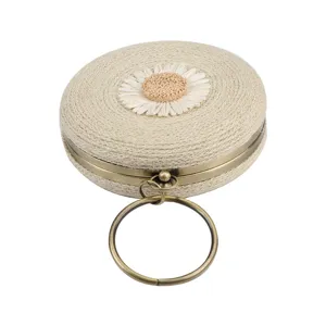 Round straw woven small handbag with cute daisy flower and metal ring handle for summer beach vacation