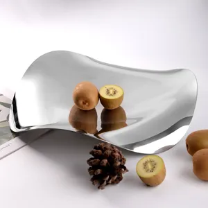 Modern stainless steel irregular fruit plate, wavy mirror decorative tray for living room.