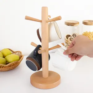 Japanischer Stil Holz Tassenbaum Halter Kreativ Buche Arbeitsplatte Becher Trockengestell Mit Sechs Haken Für Küche Aufbewahrung Wohnkultur