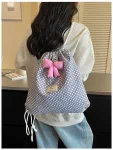 Sac à dos cordon à pois doux avec nœud mignon, style tendance et décontracté quotidien.