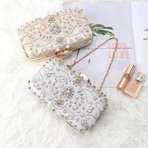 Elegant satin rhinestone evening clutch, hand-beaded luxury women banquet party handbag with chain.