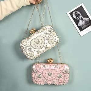 Handmade beaded pearl crystal evening clutch bag with chain strap for women wedding party.