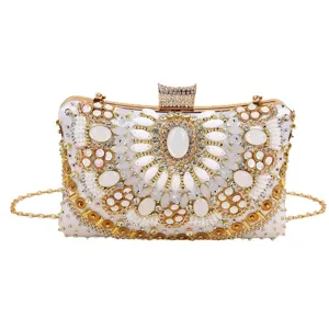 Luxury beaded evening clutch bag for women, elegant satin material with rhinestones and metal chain.