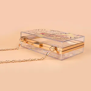 Clear Acrylic Crossbody Bag Graffiti Print Box Clutch Gold Chain Chic Women Shoulder Bag