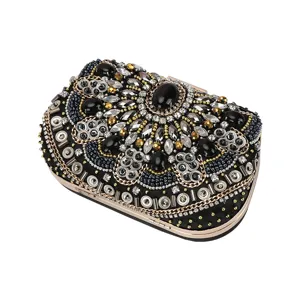 Elegant black beaded evening clutch bag with crystal rhinestones for women dress party.