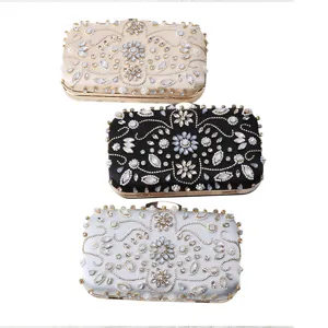Elegant satin beaded evening clutch bag with crystal rhinestones for women parties banquets
