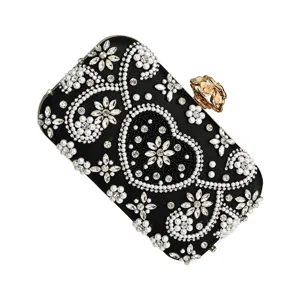 Handmade rhinestone black evening clutch bag vintage beaded qipao purse for women party
