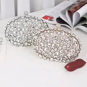Crystal Rhinestone Evening Clutch Bag Oval Banquet Purse Sparkly Wedding Handbag for Women