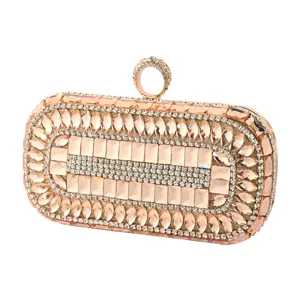 Champagne rhinestone evening clutch bag with metal ring clasp for women party wedding dress