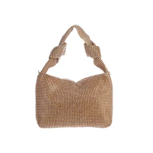 Elegant gold rhinestone evening shoulder bag with knotted handle for women party wedding.
