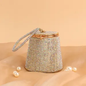 Women Rhinestone Evening Bag Vintage Bucket Bag Luxury Colorful Crystal Handbag Party Wedding Purse
