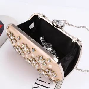Champagne satin evening clutch bag with artificial pearls and colorful crystals for women parties.