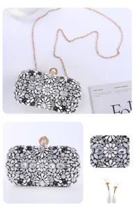 Elegant rhinestone evening clutch bag with metal chain and pearl clasp for women wedding parties