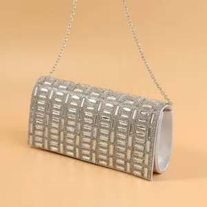 Silver rhinestone evening clutch bag for women, elegant party wedding shoulder chain bag.