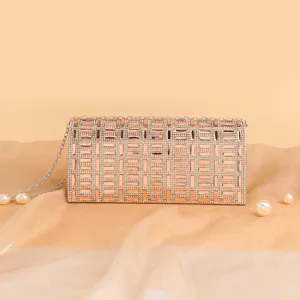 Glittering rhinestone evening clutch bag with metallic chain for women party wedding prom.