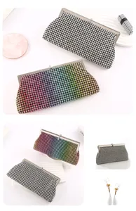 Detailed view of luxury rhinestone evening clutch bags, featuring silver and gradient rainbow styles.