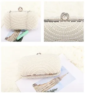 Pearl evening clutch bag detail showing exquisite craftsmanship, elegant design, and metallic chain.
