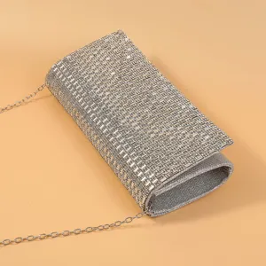Silver rhinestone evening clutch bag for women sparkly party wedding shoulder chain bag main view